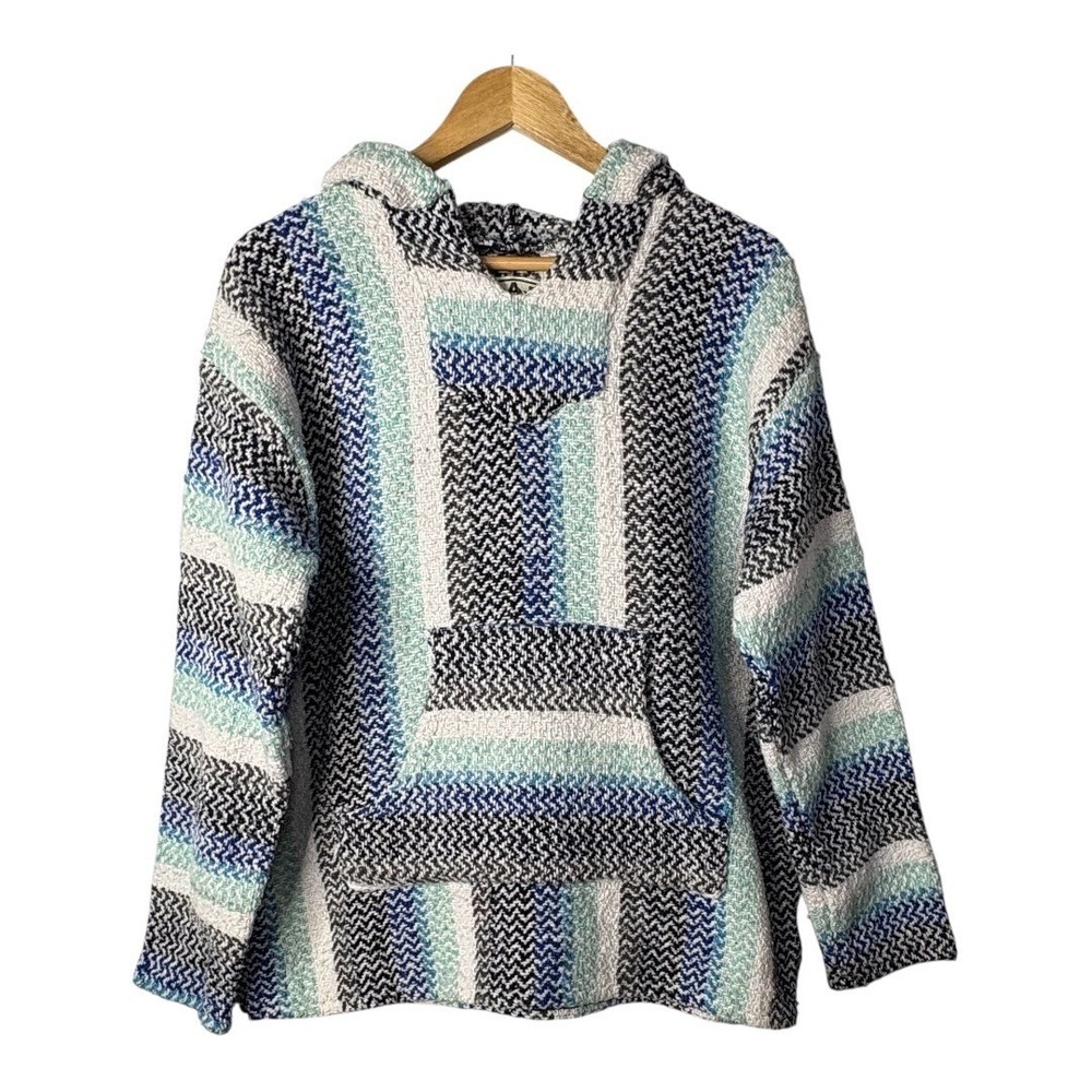 Baja Joe Hoodie Pullover Unisex L Blue White Striped Mexican Jerga Surf Poncho